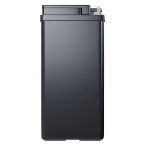 A tall, rectangular black trash can with a closed lid, viewed from the side.