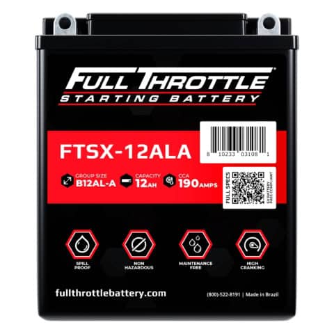 Black Full Throttle battery, model FTSX-12ALA, featuring specifications: Group Size B12AL-A, Capacity 12Ah, CCA 190 Amps. Labels indicate spill-proof, non-hazardous, maintenance-free, high cranking.