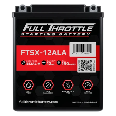 Full Throttle starting battery with model FTSX-12ALA. Features: 12Ah capacity, 190 amps, spill-proof, non-hazardous, maintenance-free, high cranking. Made in Brazil.