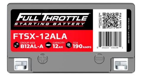 Car battery with "Full Throttle Starting Battery" branding. Model FTSX-12ALA, group size B12AL-A, 12AH capacity, 190 CCA. Includes barcode and pass compliant note.