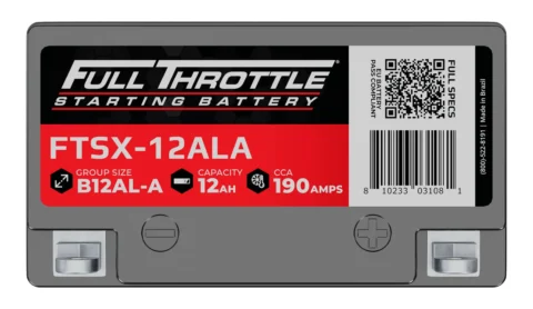 Top view of a Full Throttle starting battery labeled FTSX-12ALA, showing specifications: B12AL-A, 12AH capacity, 190 CCA.