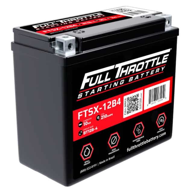 Black Full Throttle starting battery labeled FTSX-12B4 with specifications for capacity, voltage, and amps. Made in Brazil.