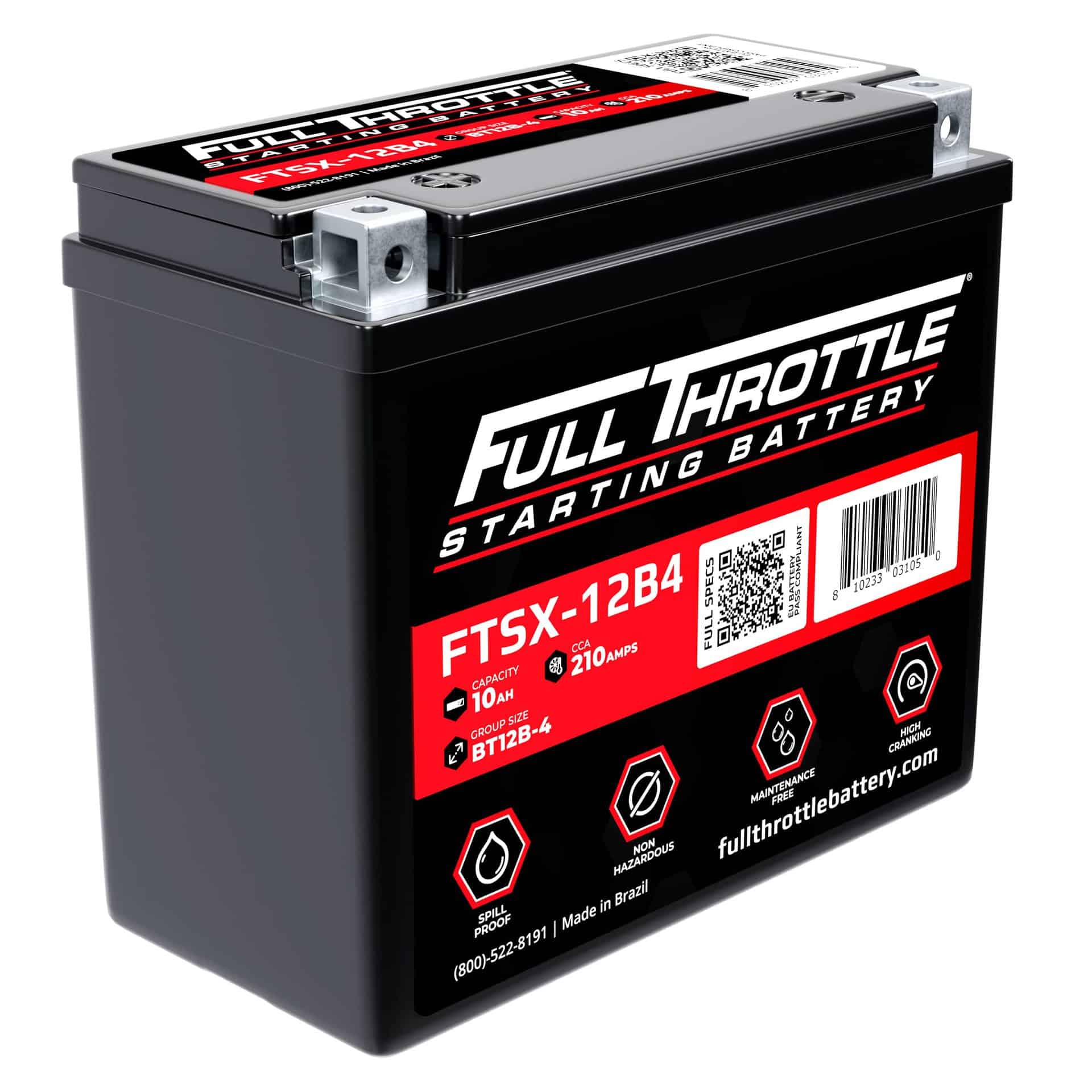 Black Full Throttle starting battery labeled FTSX-12B4 with specifications for capacity, voltage, and amps. Made in Brazil.