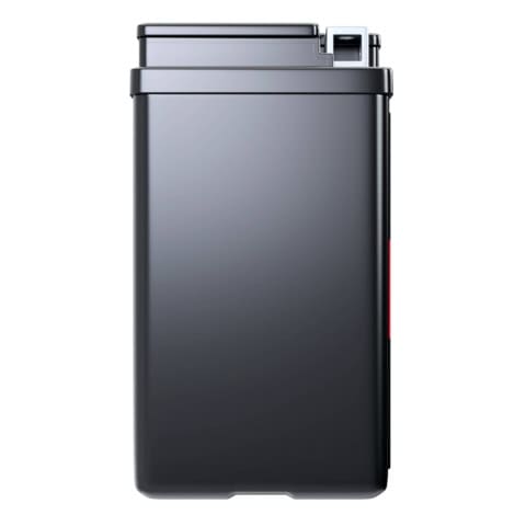 A sleek, rectangular black container with a secure lid and side latch, viewed from the side.