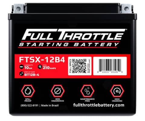 A full throttle starting battery with model FTSX-12B4, capacity 10Ah, and 210 amps. Features include spill proof, non-hazardous, maintenance-free, and high cranking. Made in Brazil.