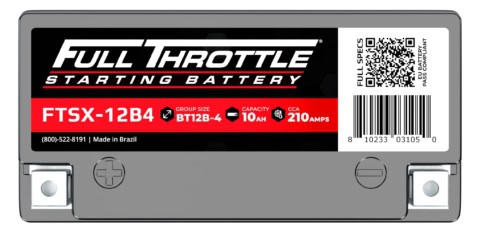 Image of a Full Throttle FTSX-12B4 starting battery with specs: BT12B-4 group size, 10Ah capacity, 210A CCA. Made in Brazil. A QR code is on the right.