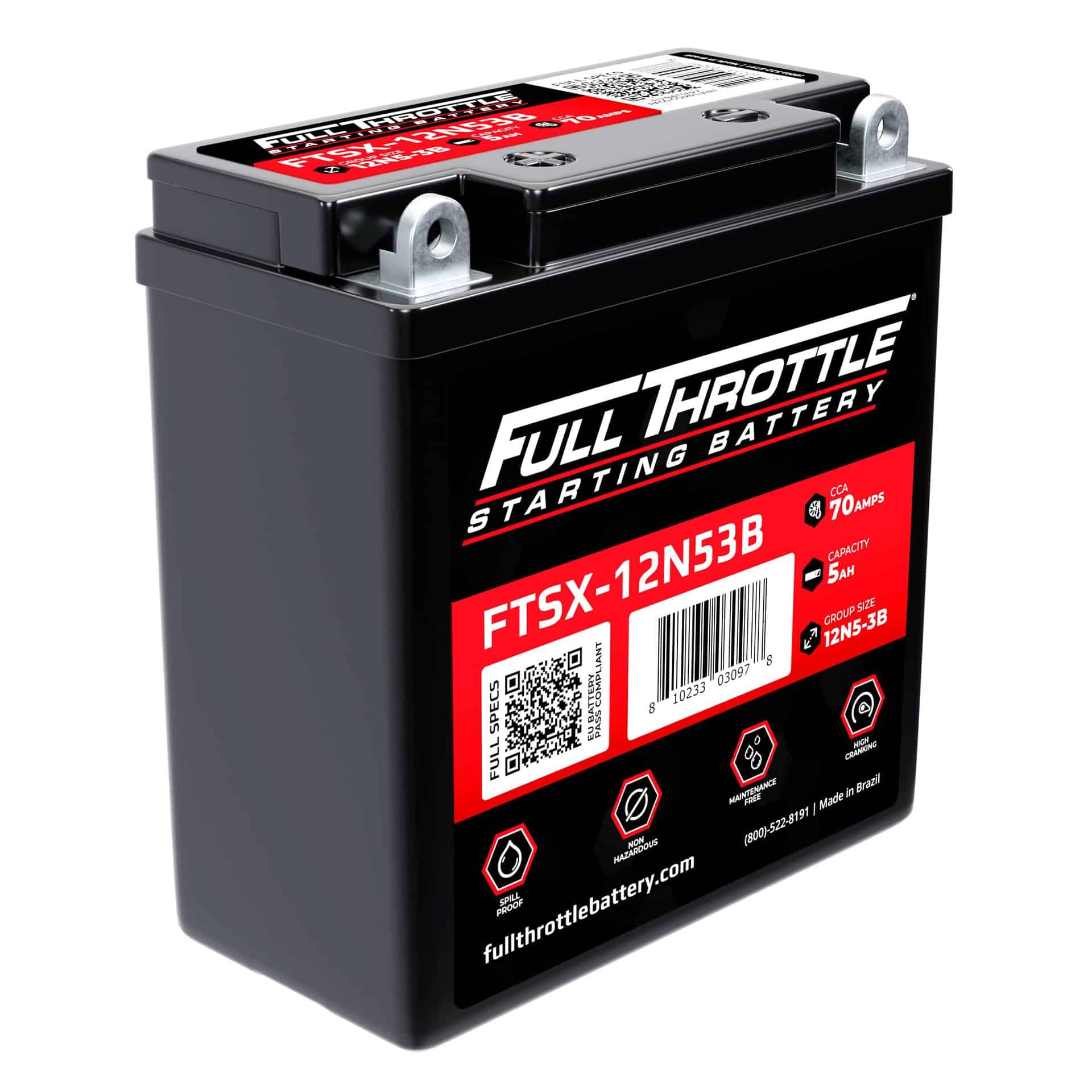 Black Full Throttle starting battery, model FTSX-12N53B, with specifications and branding visible on the label.