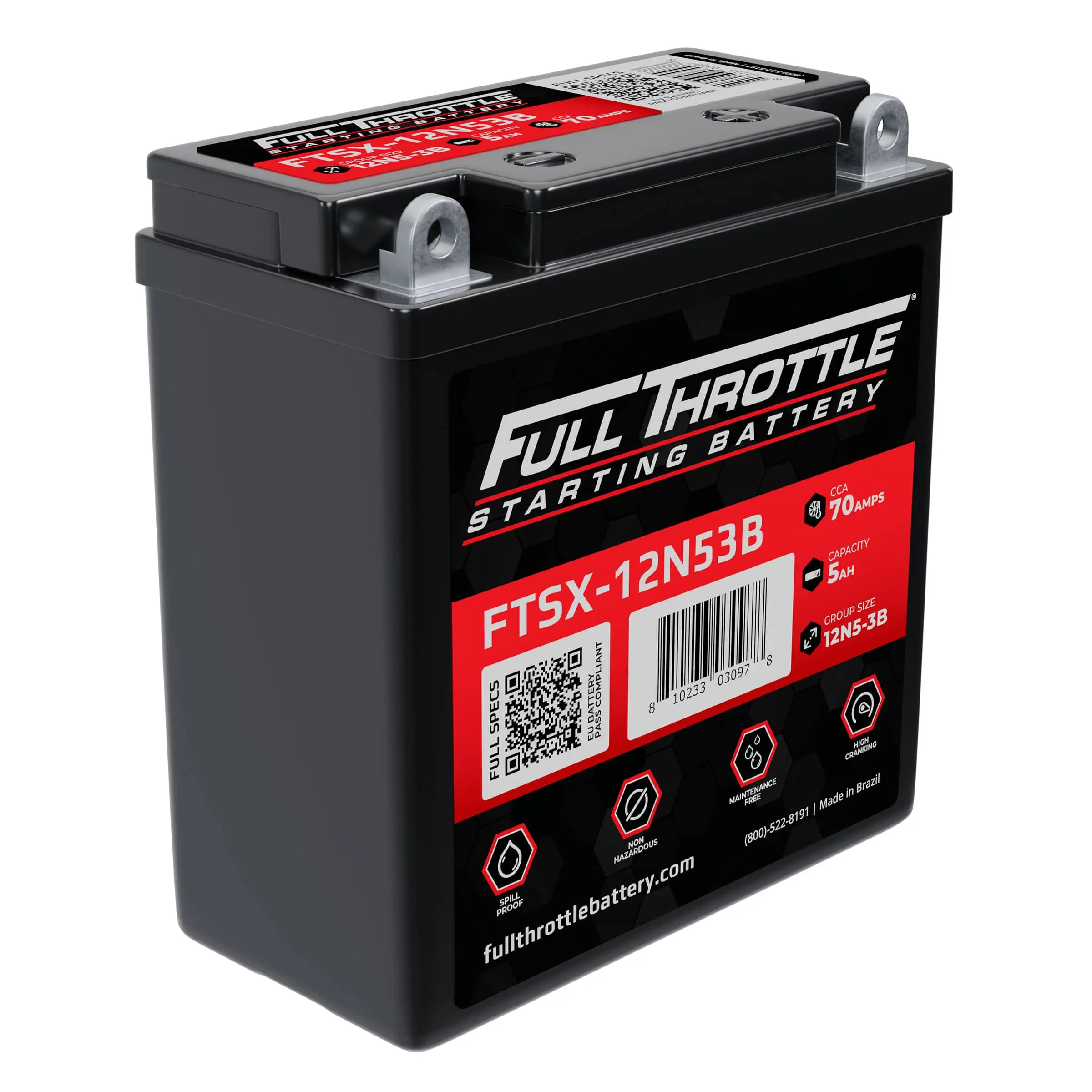 Black "Full Throttle" 12V starting battery with red and black labeling, showing model FTSX-12N53B, 70 amps, and 5Ah capacity.