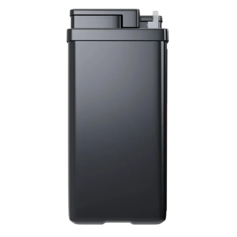 Black rectangular container with a flip-top lid and a small lever on the side.