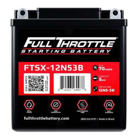 Black Full Throttle starting battery with model FTSX-12N53B, featuring 70 amps, 5Ah capacity, maintenance-free, and non-hazardous. Made in Brazil.