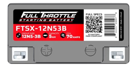 Image of a Full Throttle starting battery with the model FTSX-12N53B. Features include 5Ah capacity and 70CCA, with a QR code and product details on the label.