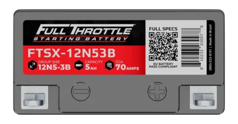 Battery labeled "Full Throttle Starting Battery." Model FTSX-12N53B, 5Ah capacity, 70 CCA. Includes a QR code and manufacturing details.