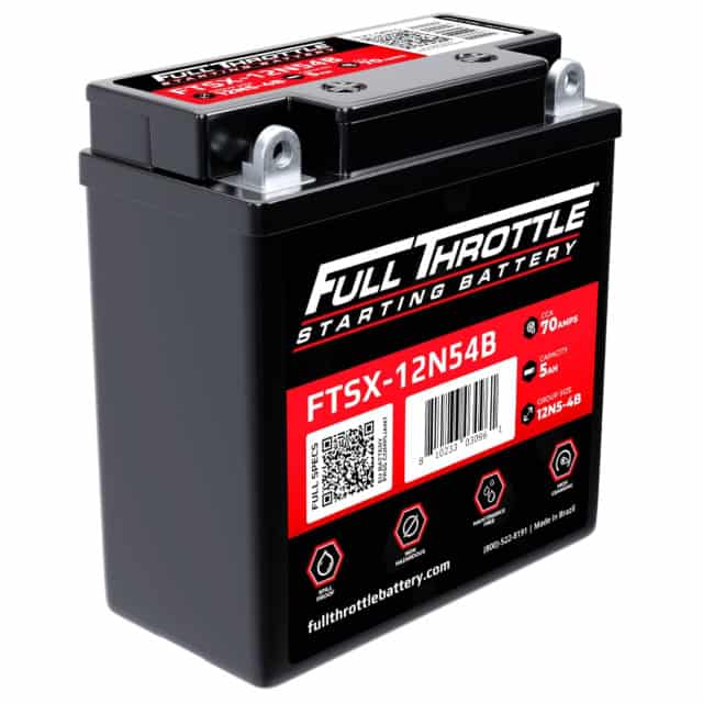 A black Full Throttle starting battery labeled FTSX-12N54B, featuring a capacity of 5Ah and 70 cranking amps.