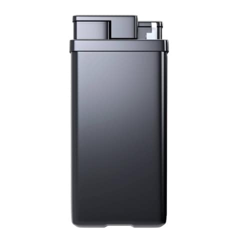 A sleek black rectangular lighter with a flip-top lid, shown in a closed position.