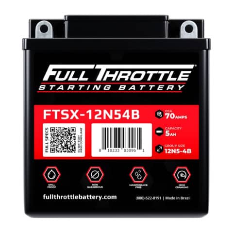 Image of a Full Throttle starting battery model FTSX-12N54B. It has a capacity of 5Ah and 70 amps CCA. Made in Brazil.