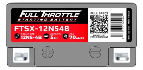 Image of a Full Throttle starting battery. Label reads FTSX-12N54B, Group Size 12N5-4B, Capacity 5Ah, CCA 70 Amps. Made in Brazil, with a QR code and a phone number.