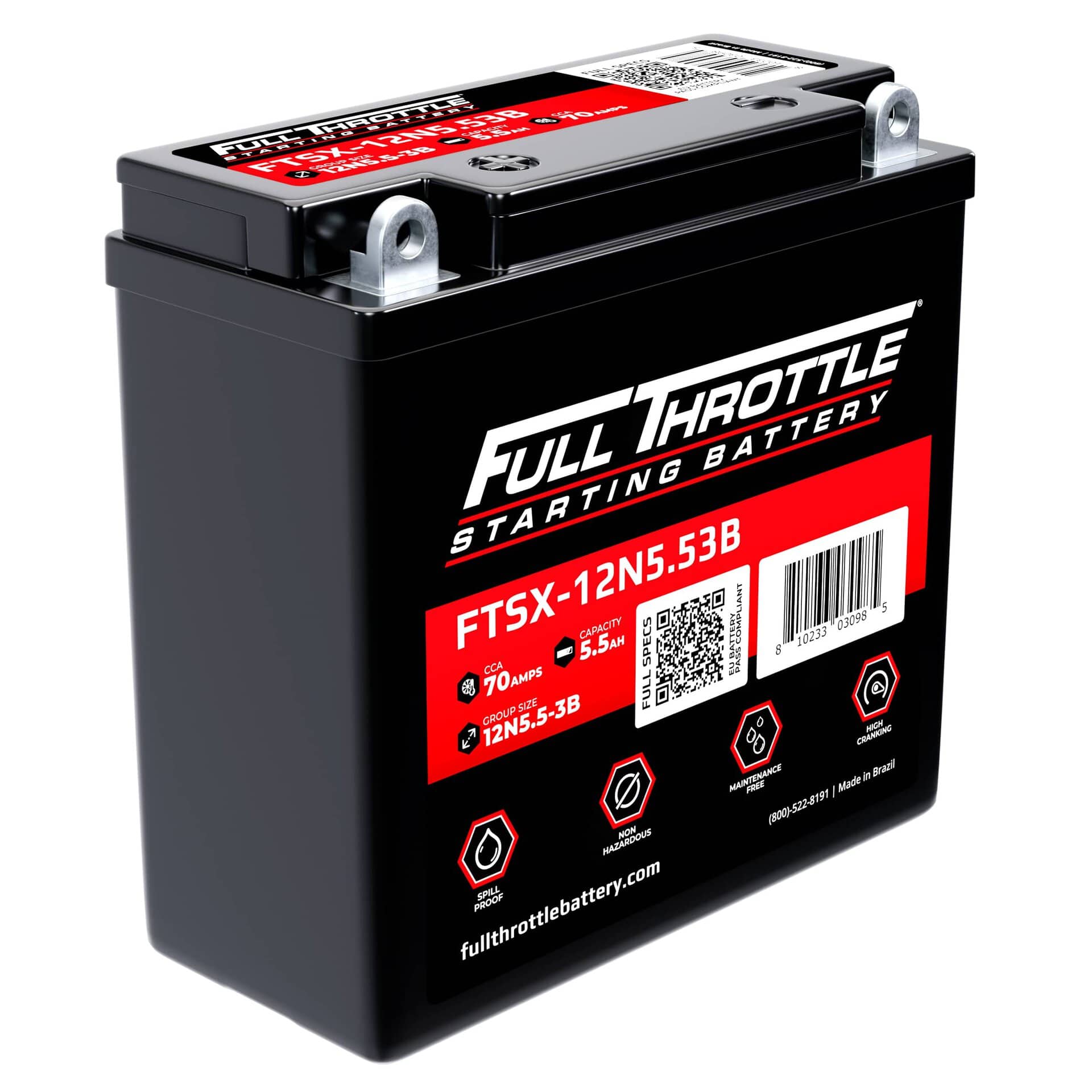 Black Full Throttle battery labeled FTSX-12N5.5B. Features include 12V, 5.5Ah, and maintenance-free design.