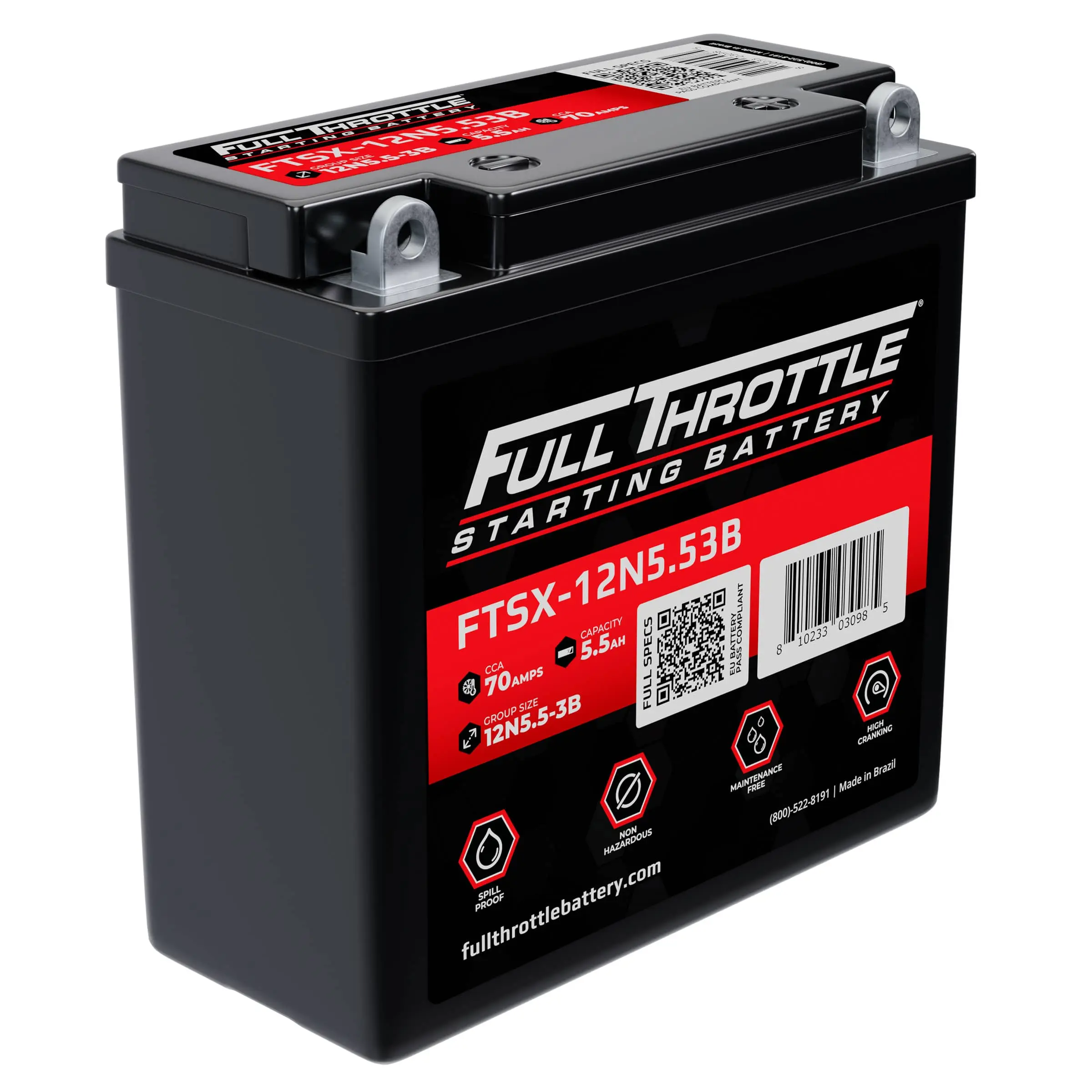 A black Full Throttle starting battery with red and white labels, displaying model FTSX-12N5.5B and specifications.