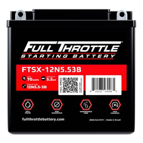 Black Full Throttle starting battery with model number FTSX-12N5.5B, 70 amps, 5.5 AH capacity, non-spill, maintenance-free. Made in Brazil. QR code and bar code visible.