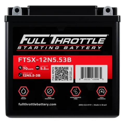 Full Throttle starting battery, model FTSX-12N5.5B3B, 70 amps, 5.5 Ah capacity, non-hazardous, maintenance-free, high cranking, with QR code and contact info. Made in Brazil.