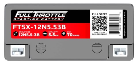 Car battery labeled "Full Throttle Starting Battery" with specs: Group Size 12N5.5-3B, Capacity 5.5Ah, CCA 70Amps. Includes a QR code and a note saying "EU Battery Pass Compliant.