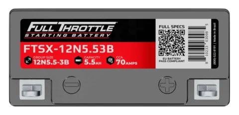 Full Throttle starting battery label showing model FTX-12N5.5B, 5.5Ah capacity, 70 amps CCA, with a QR code and EU compliance note.