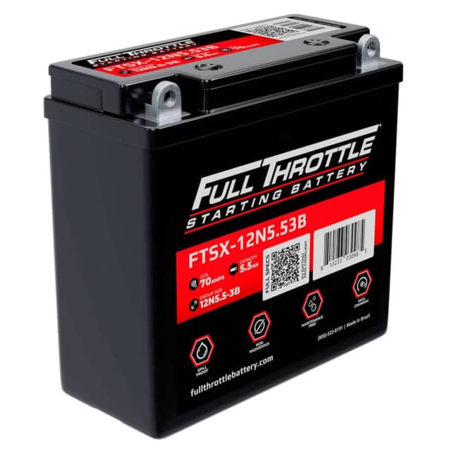 A black Full Throttle starting battery, model FTSX-12N5.5B, with specifications and QR code on the red label.