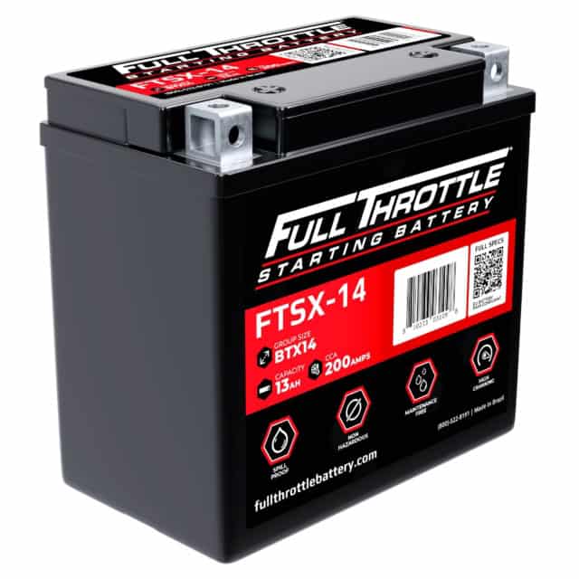 Black Full Throttle starting battery, model FTSX-14, with specifications including 13Ah capacity and 200 CCA, shown on the label.