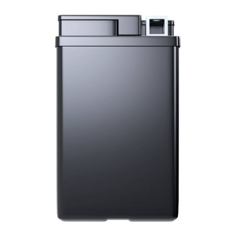 A rectangular, black trash can with a closed lid and smooth surface.