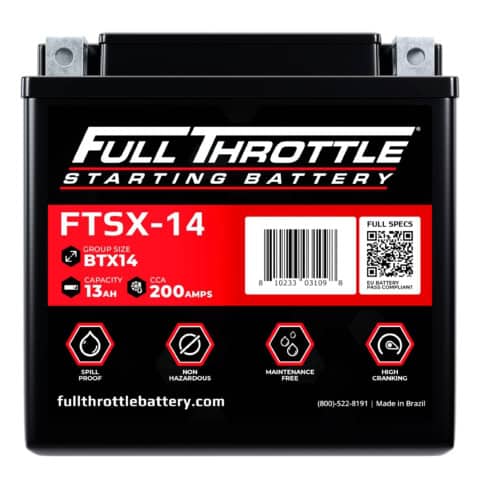 Black Full Throttle starting battery FTSX-14 with specifications: 13 Ah capacity, 200 CCA, spill-proof, non-hazardous, maintenance-free, and high cranking. Made in Brazil.