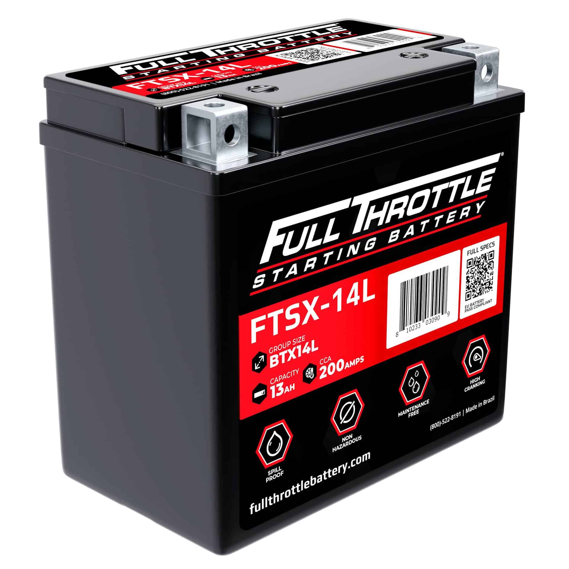 Full Throttle starting battery FTSX-14L, group size BTX14L, 13 Ah capacity, 200 amps, shown with technical specifications and brand details.