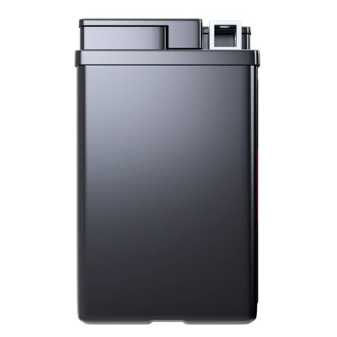 A tall, rectangular, black device with a small button located near the top.