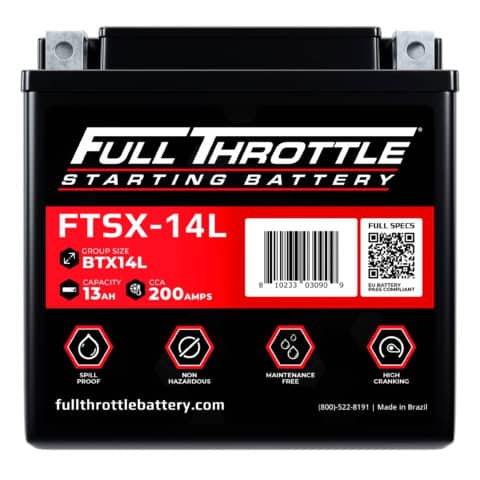 Black Full Throttle FTSX-14L starting battery with red label, capacity 13Ah, CCA 200A. Made in Brazil. Features include spill-proof, non-hazardous, maintenance-free, and high cranking.