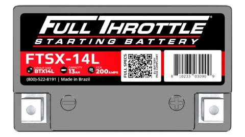 Label of a Full Throttle starting battery model FTSX-14L, 13Ah capacity, 200 CCA, made in Brazil, with a QR code and barcode.