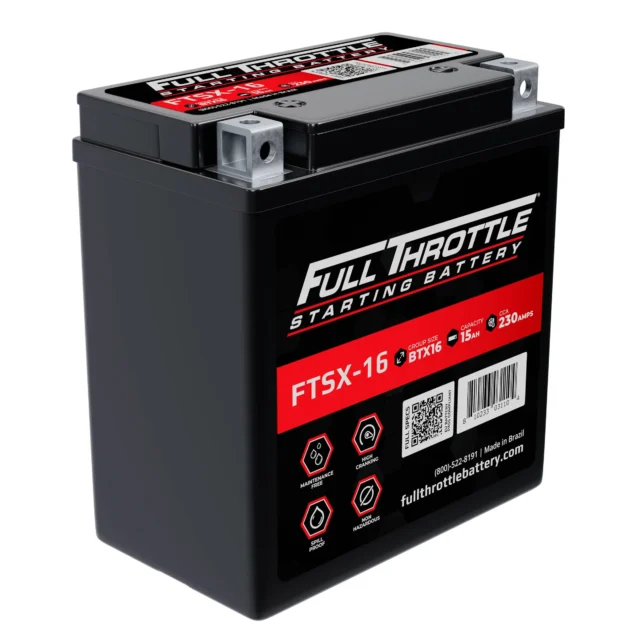 Black Full Throttle starting battery, model FTSX-16, with label displaying specifications and features, including 230 CCA and 15 Ah capacity.