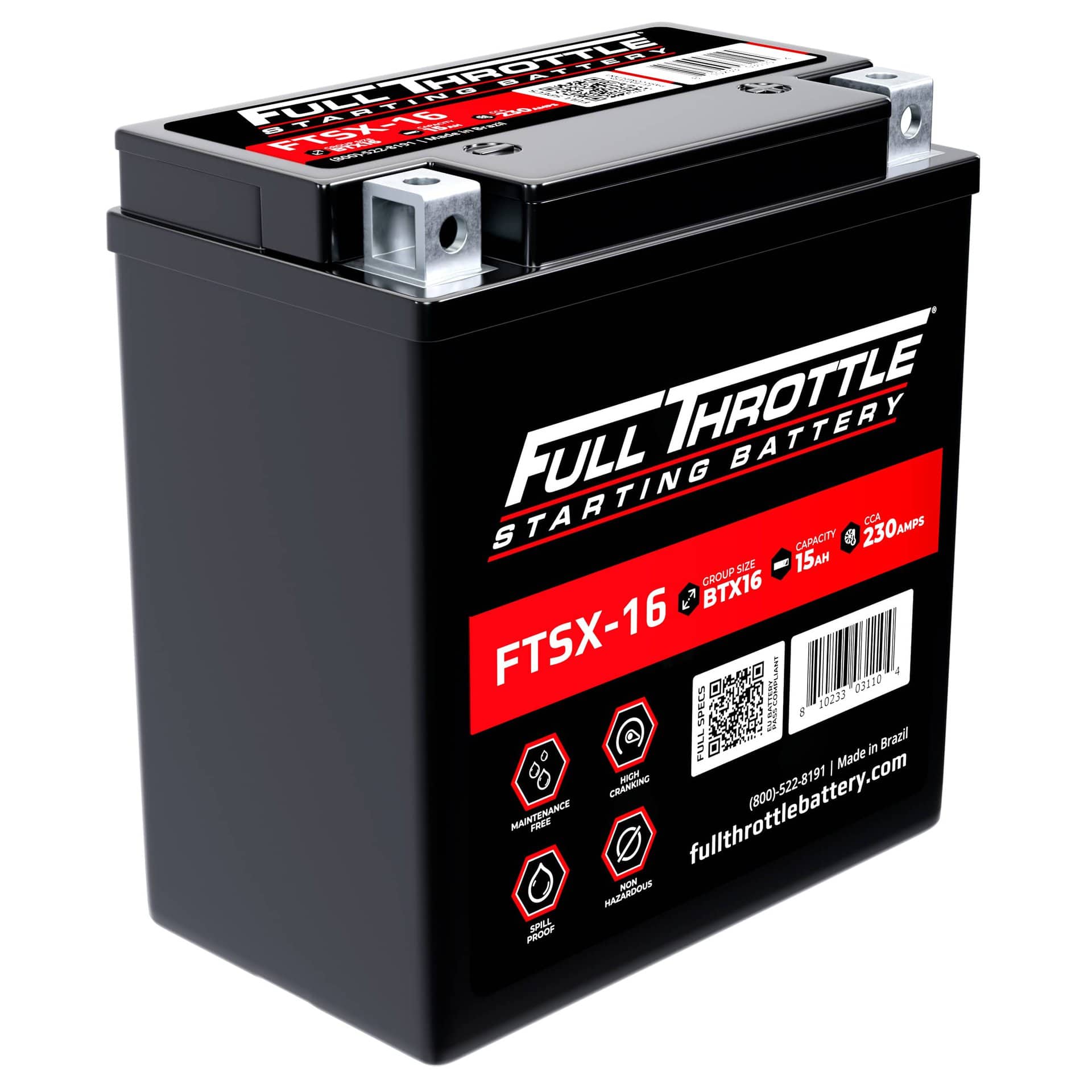 Image of a Full Throttle automotive battery, model FTSX-16, with specifications of 230 CCA, 15 Ah, and 12 V. The battery is black with red and white labeling.