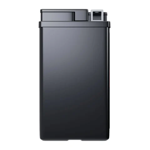 Tall black rectangular trash bin with a closed lid, featuring a foot pedal at the bottom.