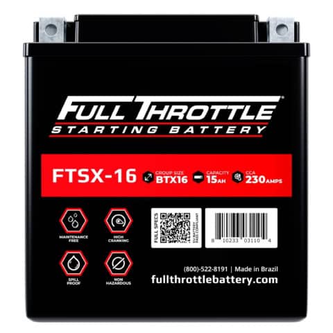 Black Full Throttle starting battery with red and white label, featuring model FTSX-16. Displays specs: 15Ah, 230CCA, maintenance-free, spill-proof. Made in Brazil.