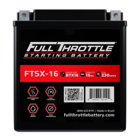 Black Full Throttle FTSX-16 starting battery with specifications including 15Ah capacity and 230 CCA. Made in Brazil.