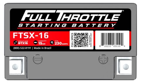 Car battery labeled "Full Throttle Starting Battery" with model FTSX-16, group size BTX16, and specifications 15AH and 230CA. Barcode and QR code are present. Made in Brazil.