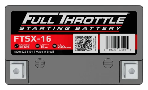 Full Throttle starting battery, model FTSX-16, 15Ah capacity, 230 CCA, group size BTX16, made in Brazil, with barcode and QR code visible.