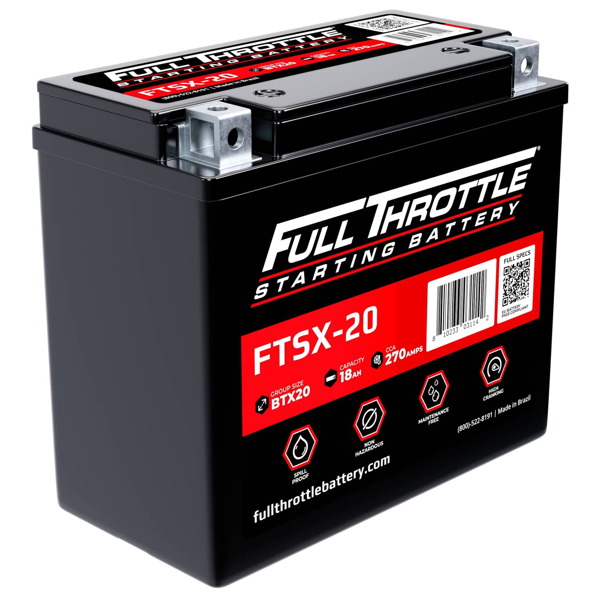 A Full Throttle starting battery labeled FTSX-20, with specifications and branding visible on the side.