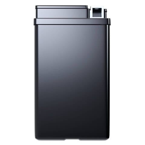 A tall, rectangular black trash can with a closed lid and a pedal at the bottom.