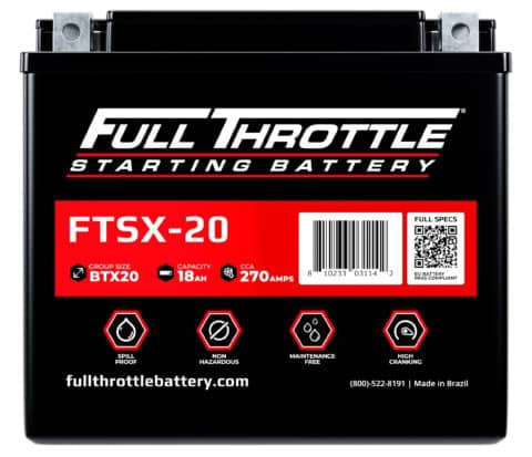 Black Full Throttle FTSX-20 starting battery with a capacity of 18Ah and 270 amps. Features include spill-proof and maintenance-free design.