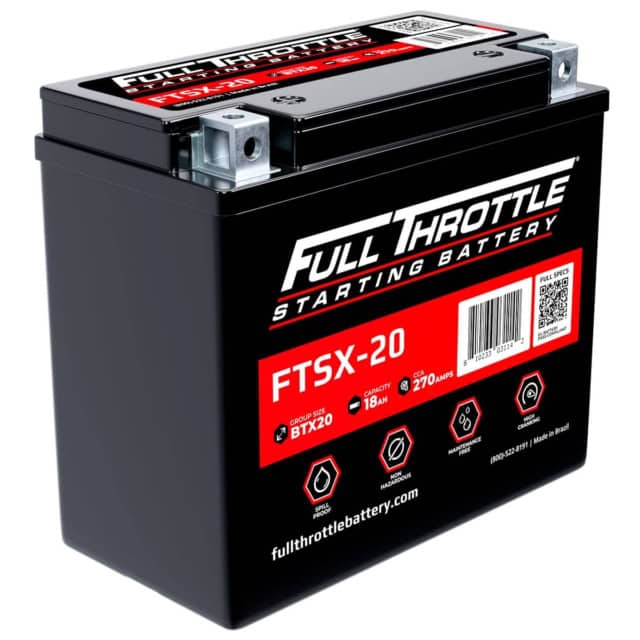 Black Full Throttle FTSX-20 starting battery, labeled with specifications: Group BTX20, 12 volts, 18Ah capacity, 270 amps.