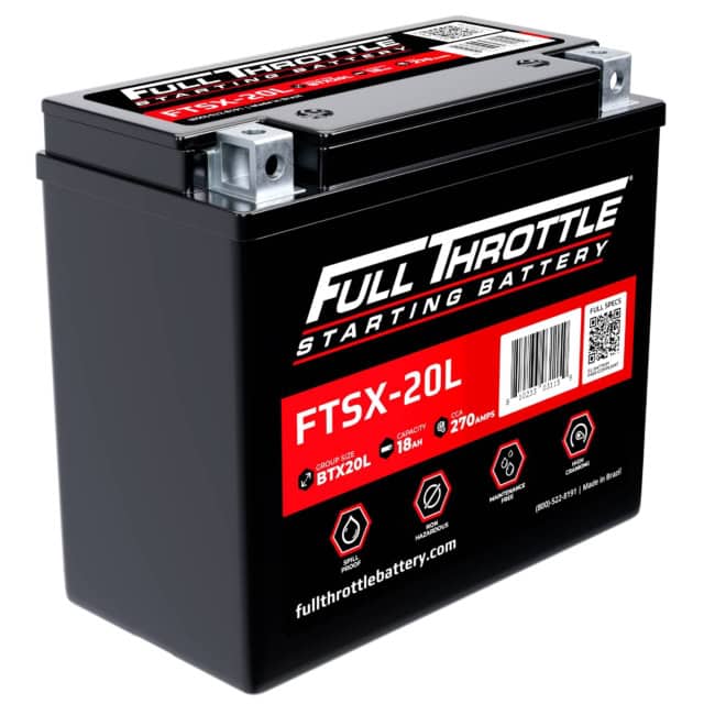 Black Full Throttle starting battery labeled FTSX-20L, featuring specifications: 12V, 18Ah, 270 amps.