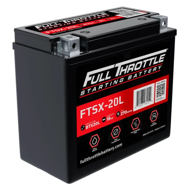 A black Full Throttle battery with red and white labeling, model FTSX-20L, featuring specifications like 18 Ah and 270 CCA.