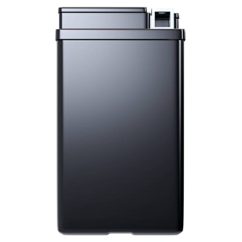 A sleek, rectangular black trash bin with a closed lid.