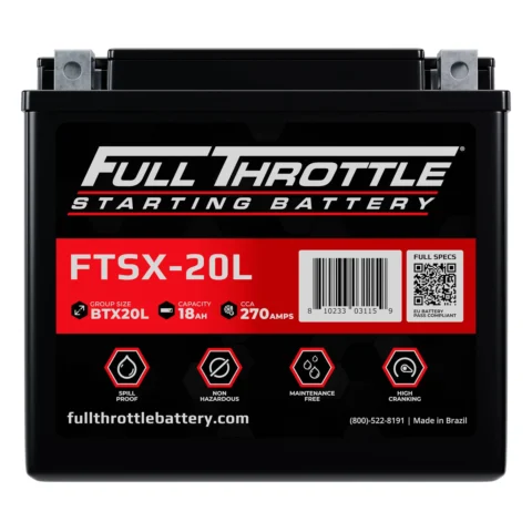 A Full Throttle FTSX-20L starting battery with a capacity of 18Ah and CCA of 270 amps. It features spill-proof, non-hazardous, and maintenance-free design. Made in Brazil.