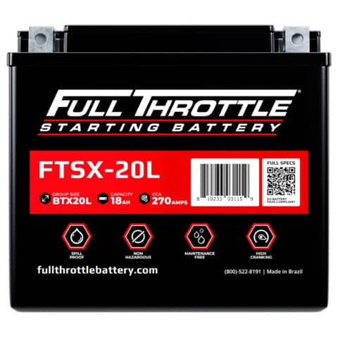 Image of a Full Throttle Starting Battery, FTSX-20L model. Features include 18Ah capacity, 270 CCA, spill-proof, non-hazardous, maintenance-free, high cranking. Made in Brazil.